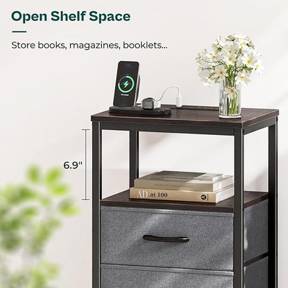 Huuger Nightstand with Charging Station, Fabric Drawers, End Table with Open Shelf, Bedside Table with USB Ports and Outlets, Night Stand for Bedroom, Walnut
