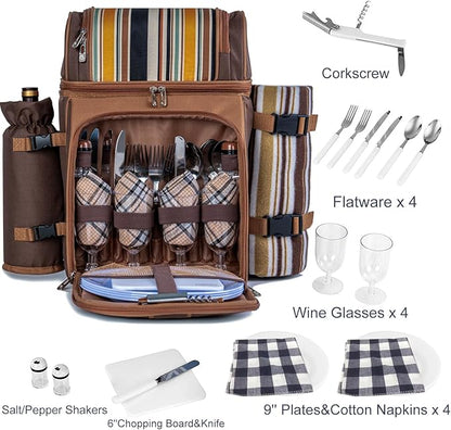 ALLCAMP Picnic Basket Backpack Cooler for 4 Person with 2 Insulated Cooler Bag, Detachable Bottle/Wine Holder, Fleece Blanket, Plates and Cutlery for Family,Couple,Friend Gatherings and Gifts (Brown)