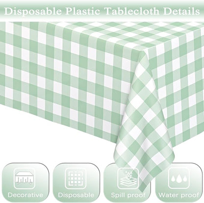 WNINK 3 Pack Sage Green Checkered Rectangular Plastic Tablecloths, Green Gingham Waterproof Disposable Table Covers 54" x 108" for Birthday, Baby Shower, Wedding, Outdoor Picnic Parties