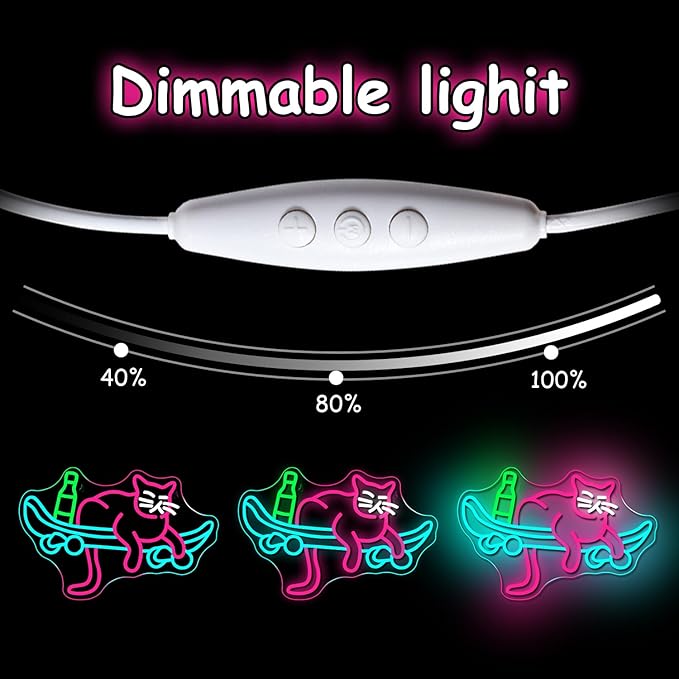 Lucunstar Skateboard Cat Neon Sign Pink Neon Signs for Wall Decor USB Connectivity Adjustable Brightness Animal Light Sign for Wall Decor Sign for Cat Lover Pet Shop