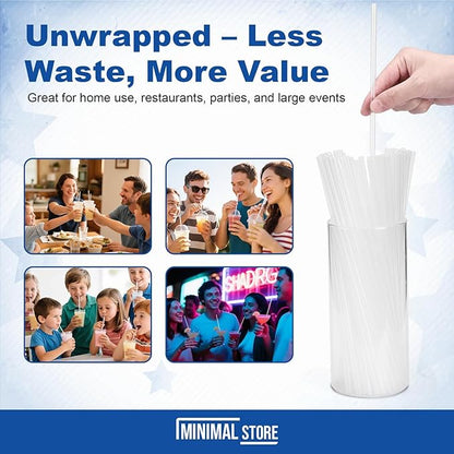 100 PCS Clear Plastic Disposable Drinking Straws – 7.75" x 0.24", Unwrapped Straws Plastic for Party, Home, Travel – BPA-Free, Value Pack, Made in USA