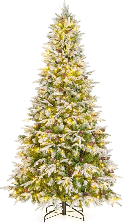 GOFLAME 7.5FT Pre-Lit Artificial Christmas Tree, Snow Flocked Xmas Tree with 1135 Branch Tips, 470 Warm White LED Lights, 81 Pine Cones, Holiday Decoration Tree for Home Office Party