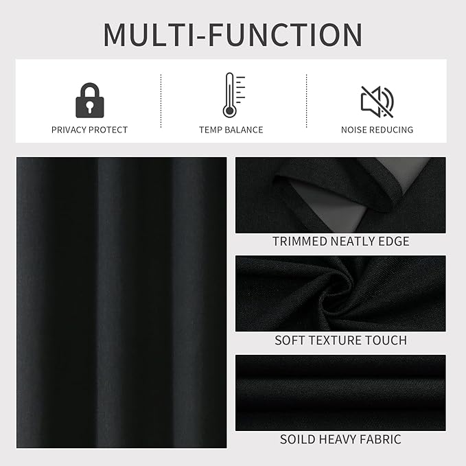 Joydeco Blackout Curtains 72 Inches Long 2 Panels Burg, Room Darkening Curtains for Bedroom, 100% Black Out Textured Thermal Drapes Privacy Protection 2 Panels Set(W52 x L72 Inch, Black)