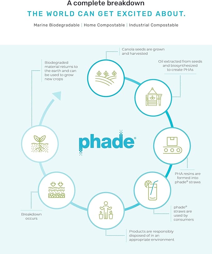 phade Eco-Friendly Sustainable Marine Biodegradable, Compostable 7.75" Jumbo Straws, Un-wrapped, PDQ 16 Box Count - 800 Count
