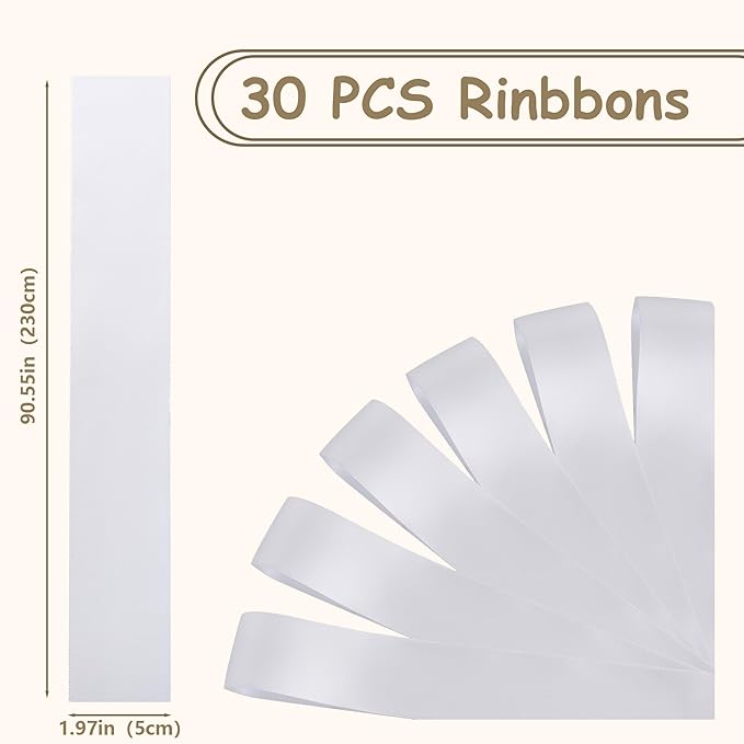30 Pcs Wedding Ribbons for Chairs, 90.55x1.96 Inch Satin Chair Sashes for Pew Back, Aisle Ceremony Decorations, DIY Bow Making for Wedding Party Decor（White）