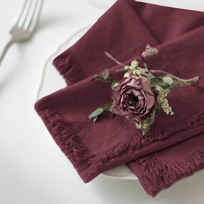 Handmade Cloth Napkins 100% Cotton Napkins with Fringe，Delicate Handmade Cloth Napkins for Dinners, Parties, Weddings and More，18 x 18 Inch Set of 12 - Burgundy