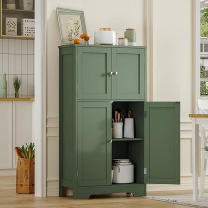 TEENFON Bathroom Floor Storage Cabinet, Freestanding Bathroom Cabinet with 4 Doors & 2 Adjustable Shelves, Cupboard, Floor Cabinets for Living Room, Entryway, Office, Forest Green