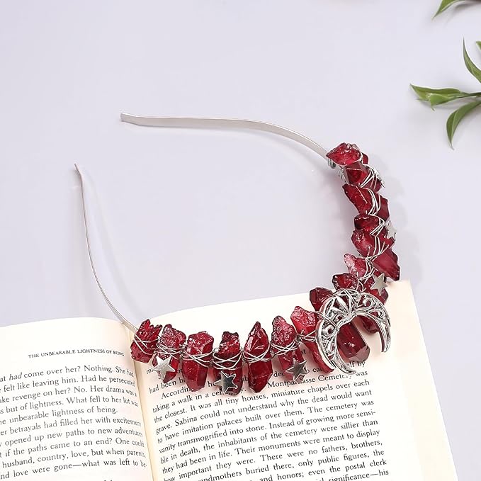 Red Raw Crystal Headband, Tiara Rhinestone Hairband with Star and Moon Fashion Quartz Headwear for Women Girls (red1)