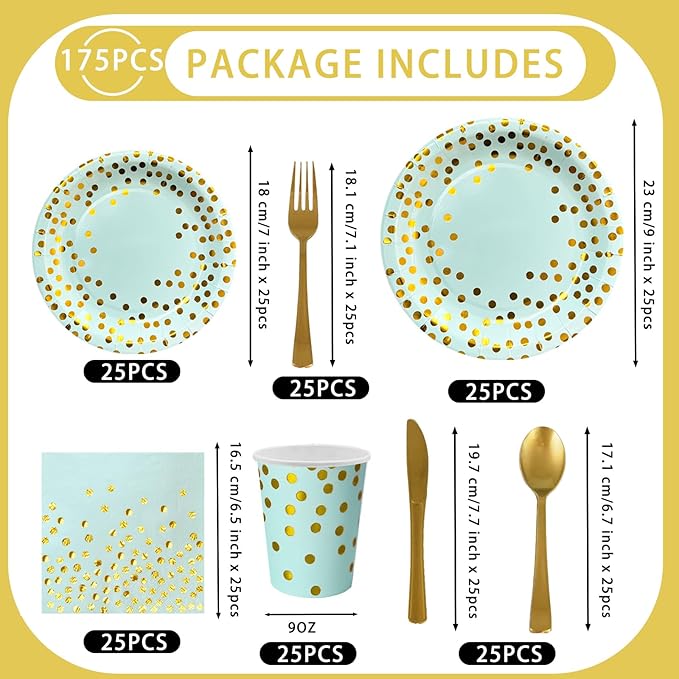 175 Pcs Blue and Gold Paper Plates and Napkins Set, Disposable Dinnerware for 25 Guests for Birthday Wedding Baby Shower