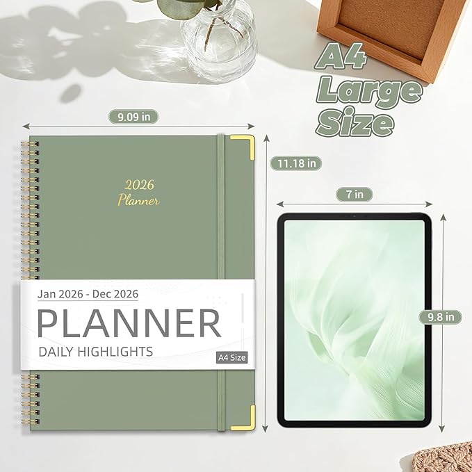 Daily Planner 2026 (8.5" x 11") - Weekly & Monthly Planner (Jan. 2026 - Dec. 2026), Column View Calendar Organizers, Hardcover Agenda Book with Tabs for Office & School, Green