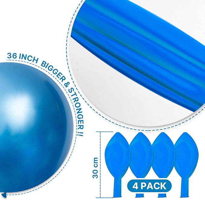 PartyWoo Metallic Blue Balloons 4pcs 36 Inch Chrome Blue Latex Helium Balloons for Graduation Wedding Baby Shower Engagement Baby Shower Wedding Bachelorette Birthday Party Decorations Blue-G106