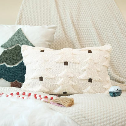 GEEORY Christmas Pillow Covers 12x20 Inch Set of 2, Christmas Decorations Xmas Tree Soft Plush Fluffy Faux Fur Decorative Throw Pillows Farmhouse Winter Cushion Case Beige Brown GC034-12