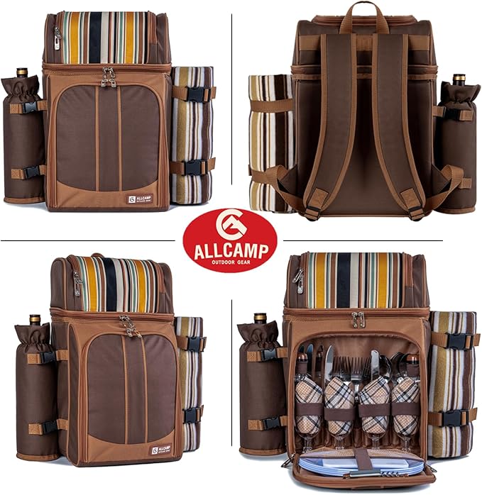 ALLCAMP Picnic Basket Backpack Cooler for 4 Person with 2 Insulated Cooler Bag, Detachable Bottle/Wine Holder, Fleece Blanket, Plates and Cutlery for Family,Couple,Friend Gatherings and Gifts (Brown)
