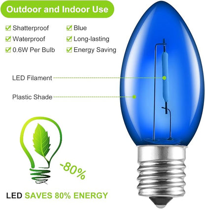 Brightown 25 Pack C9 LED Christmas Light Bulbs, Blue Plastic C9 Shatterproof LED Bulbs Replacement for Christmas String Lights, E17 Intermediate Base, Commercial Dimmable Holiday Bulbs