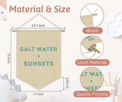 Ocean Nursery Decor, Salt Water Sunsets Beach Linen Canvas Banner, Neutral Coastal Nautical Nursery Wall Hanging Pennant Flag Banner for Kids Toddler Room Bedroom Playroom Decor, 15x11in