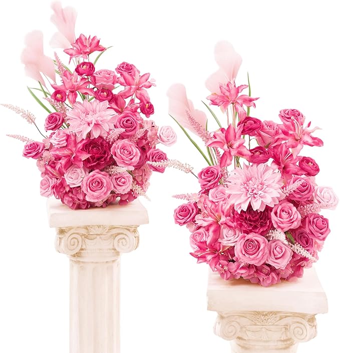 TINGE TIME Free-Standing Artificial Flower Set of 2, Table Centerpiece with Rubber Pad, Silk Fake Flower for Wedding Centerpiece Archway Aisle Welcome Entrance (Hot Pink)