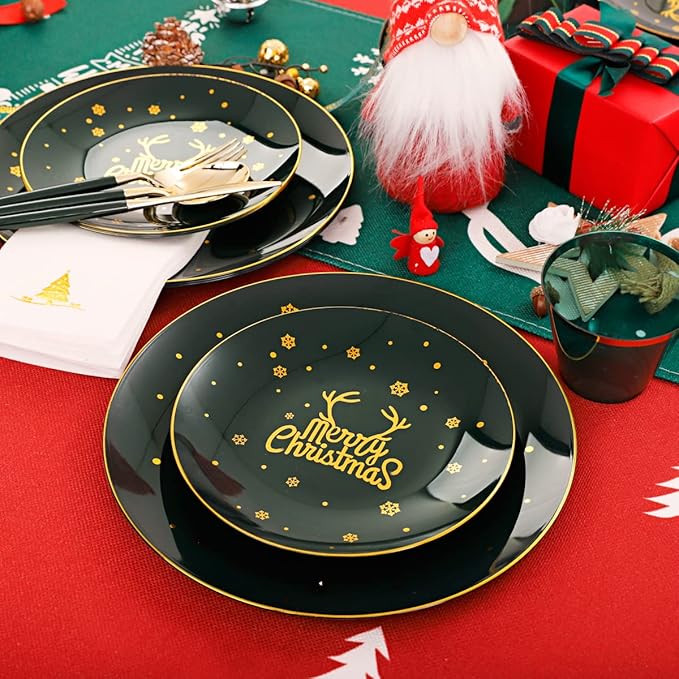 Nervure 175PCS Christmas Plastic Plates - Green and Gold Disposable Plates & Gold Plastic Silverware with Green Handle include 50 Plates 25Knives 25Forks 25Spoons 25Napkins for Christmas Party