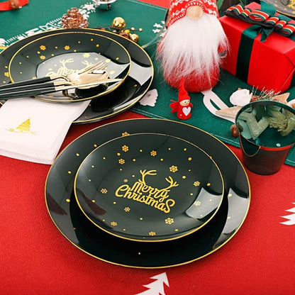 Nervure 175PCS Christmas Plastic Plates - Green and Gold Disposable Plates & Gold Plastic Silverware with Green Handle include 50 Plates 25Knives 25Forks 25Spoons 25Napkins for Christmas Party