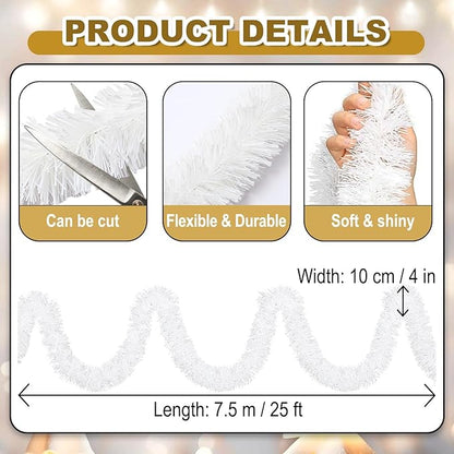 25 Feet Christmas Foil Fringe Banner Metallic Tassle Garland Metallic Backdrop Parade Floats Shiny Hanging Ceiling, Valentine's, Wedding, New Year Party Decorations(4" x 25', Macaron White)