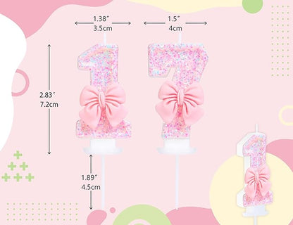 Number 17 Candle Pink Sequins and Bowtie 17th Cake Topper, 17 Birthday Candle for Girls Pastel Sweet Theme Birthday Party or Adults Milestone Age Decoration