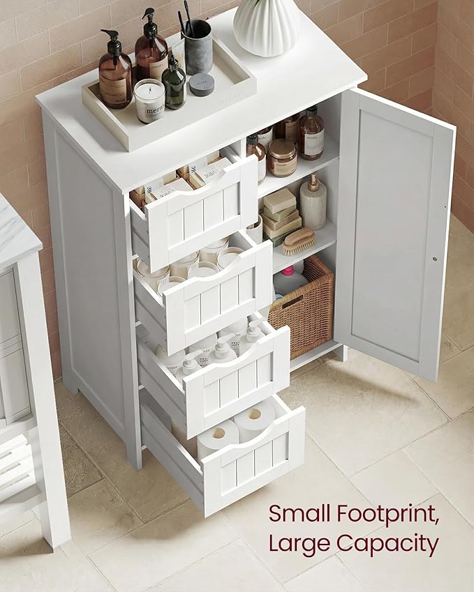 VASAGLE Storage Cabinet with Drawers, Freestanding Floor Cabinet with Door, 11.8 x 21.7 x 32.3 Inches, Adjustable Shelf, for Bathroom, Living Room, Kitchen, Cloud White ULHC041WH01S