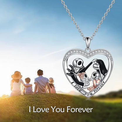 LILALO Christmas Gifts Nightmare Necklace Sterling Silver Abalone Shell Crystal Jack and Sally Necklace Jack Skellington Skull Jewelry Skull Necklaces for Women