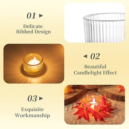 Hewory Fall Candle Holder Centerpiece: Thanksgiving Candle Holders Set of 12 with Maple Leaves Wreath & Berries, Glass Tealight Candle Holder Fall Centerpiece Table Decorations for Thanksgiving Table