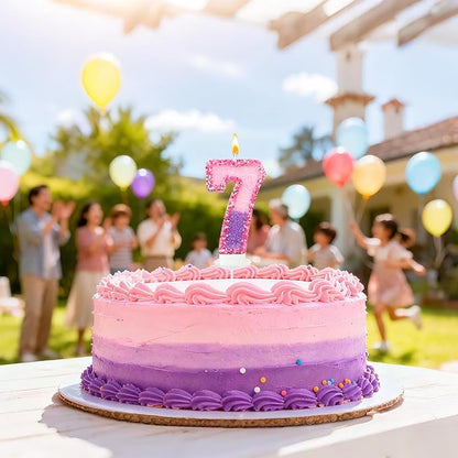 Birthday Number Candles for Cake, Pink Purple Glitter Number Candles for Cake Toppers, Ideal Birthday Parties Cake Decor, Wedding Anniversary and Other Celebrations (7 Candle)