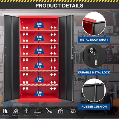 Metal Storage Cabinet-72” Tall Steel File Cabinets with Lockable Doors and Adjustable Shelves-Black&Red Steel Storage Cabinet for Home, School, Office, Garage
