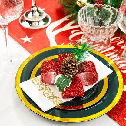 Liacere 175PCS Green Plastic Plates - Emerald Green Party Plates - Disposable Gold Plastic Plate include 50Plates, 25Knives, 25Forks, 25Spoons, 25Cups, 25Napkins for Football Party & Christmas