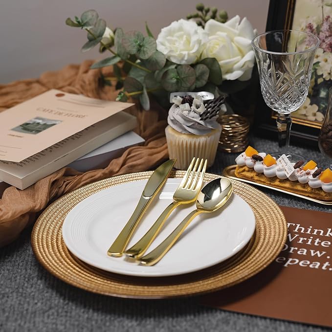 N9R 200PCS Gold Plastic Silverware, Heavy Duty Disposable Cutlery Set for Parties, gold forks and spoons disposable Includes 100 Gold Spoons and 100 Forks for Weddings, Birthday, Dinners
