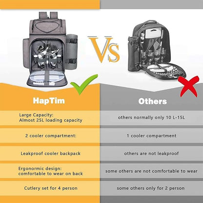 Hap Tim Picnic Basket Backpack for 2 Person with 2 Insulated Cooler Compartment, Wine Holder, Fleece Blanket, Cutlery Set, Gifts Ideals for Wedding, White Elephant, Bridal Showers, Christmas
