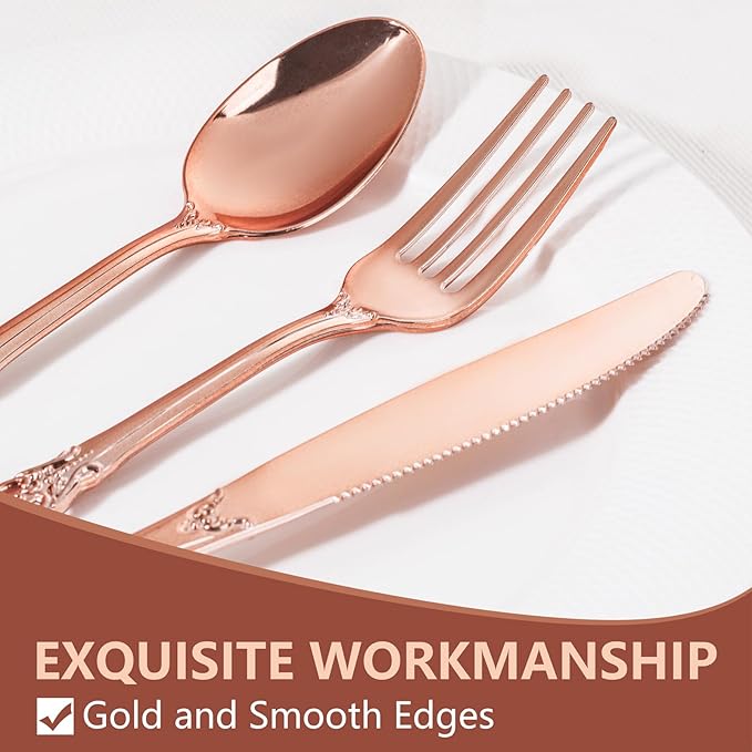 90 Pieces Rose Gold Plastic Silverware - Heavy Duty Disposable Utensils - Fancy Gold Plastic Cutlery Set Includes 30 Forks, 30 Spoons, 30 Knives for Dinner Parties Weddings