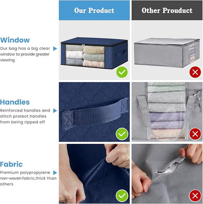 HomeHacks Storage 3-Pack Clothes Organizer Storage Bags Foldable Storage Box with Large Clear Window Sturdy Handles for Closet, Dorm, Pillows, Bedding, Clothes, Blankets, 35L, Blue