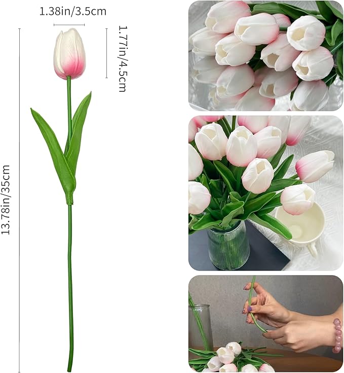 20 Pcs Real Touch Artificial Tulips - Soft White-Pink Fake Flowers, 14" Spring Mother’s Day Easter Home Kitchen Wedding Party Decor (Bulk, Lifelike Latex Texture)