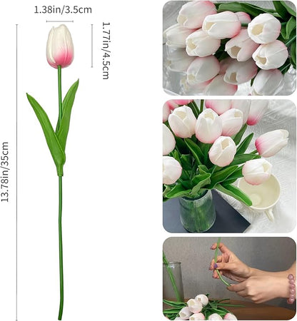 20 Pcs Real Touch Artificial Tulips - Soft White-Pink Fake Flowers, 14" Spring Mother’s Day Easter Home Kitchen Wedding Party Decor (Bulk, Lifelike Latex Texture)
