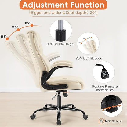 Sweetcrispy Ergonomic Computer Gaming Office Chair Set of 2, Heavy Duty Task Desk Swivel Rolling Chairs with Wheels, Flip-up Arms, Adjustable Height, PU Leather,Cream White