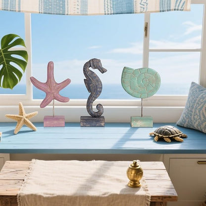 3pcs Wood Handmade Beach Nautical Style Figurines Starfish/Conch/Seahorse Statue Home Decor (Multicolor)