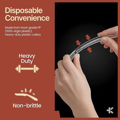 Bakken Disposable Cutlery Set 180 Pieces Knives, Heavy Duty Plastic Silverware, BPA-Free Food-Grade Materials, Heat-Resistant, Reusable Utensils for Parties, Catering, BBQs, and Everyday Use, Clear