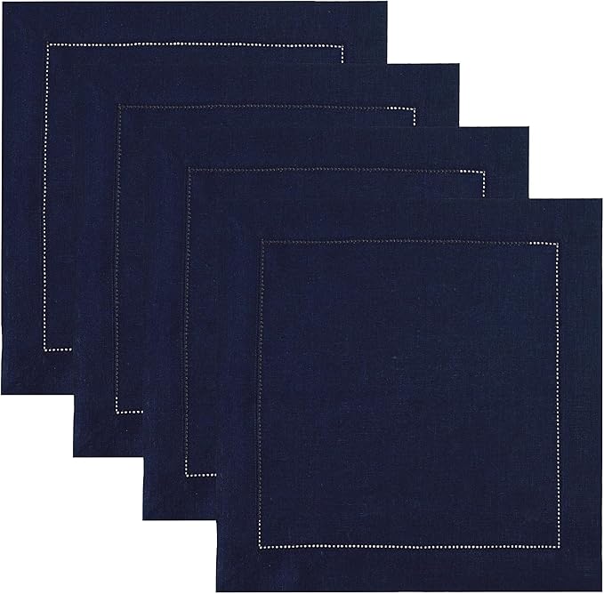 Solino Home Square Placemats Set of 4-100% Pure Linen Navy Blue Cloth Placemats 14 x 14 Inch - Classic Hemstitch, Machine Washable Place Mats for Fall, Autumn, Winter