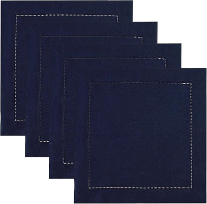 Solino Home Square Placemats Set of 4-100% Pure Linen Navy Blue Cloth Placemats 14 x 14 Inch - Classic Hemstitch, Machine Washable Place Mats for Fall, Autumn, Winter