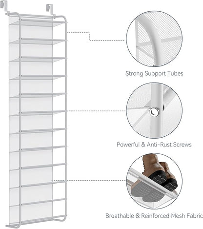 Whitmor 36 Pair Over The Door Shoe Organizer, 12 Tier Hanging Shoe Organizer, Heavy Duty Metal & Mesh Shoe Holder, Hanging Shoe Rack for Closet Organizer & Storage, 69"L x 21.7"W x 7.5"H, Matt White