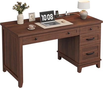 GarveeHome Executive Desk with Drawers, Farmhouse Home Office Desk with Charging Station, 53.54 in Wooden Computer Desk with File Cabinet Storage for Work Study Writing,Walunt Brown