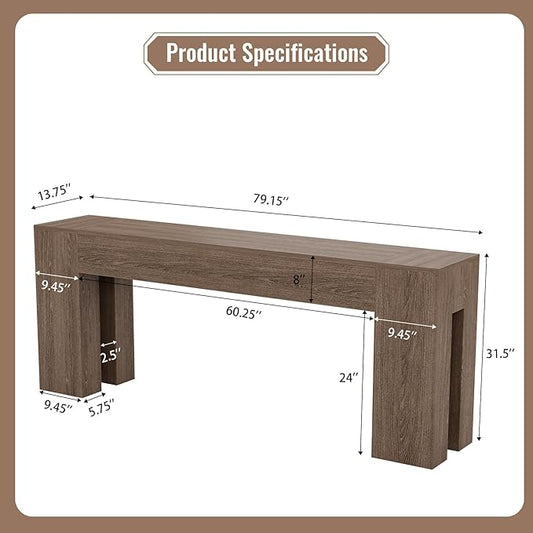 Extra Long Sofa Console Table for Entryway Living Room, 79-Inch Farmhouse Wood Behind Couch Table, Rectangular Accent Console with Wooden Double Base for Hallway Foyer Entrance, Light Brown