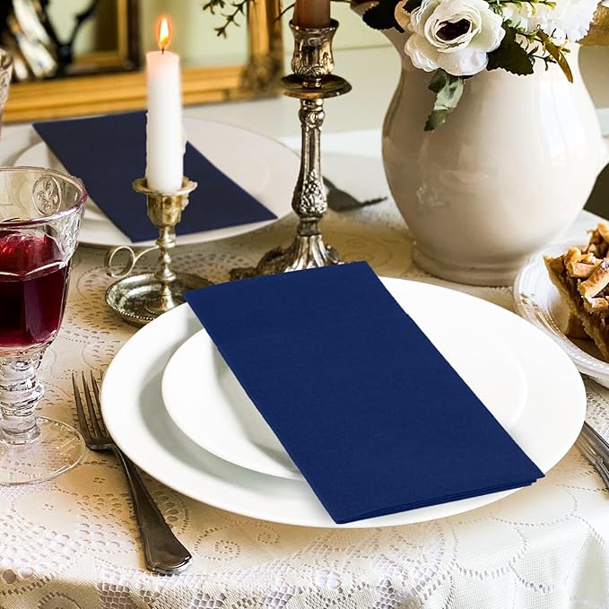 KAMMAK Blue Napkins Disposable 100 Pack Cloth like Paper Dinner Napkins Folded with Pocket Navy Blue Napkins Hand Towel for Party Decoration, Wedding Reception, Bathroon and Kitchen (16.5 x 16.5 inch)