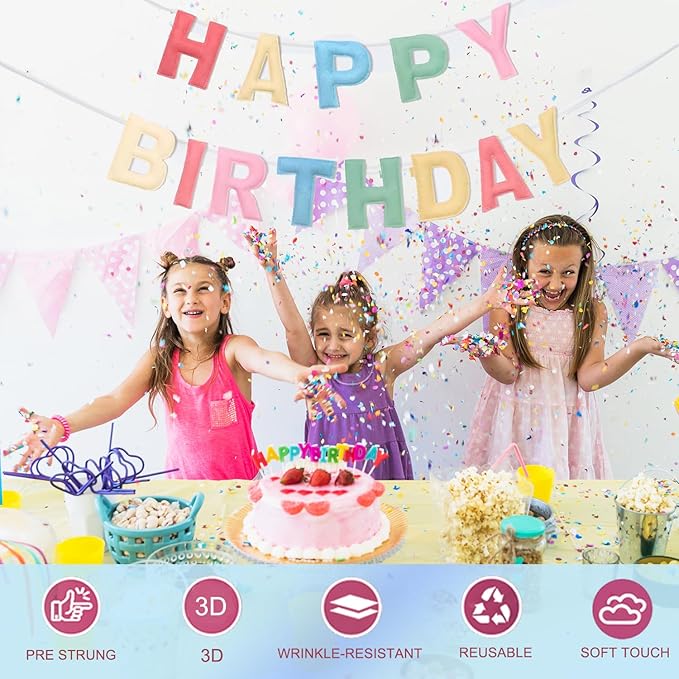 Felt Happy Birthday Banner, Pre-Strung 3D Birthday Rainbow Garland, Reusable Decorations Sign, Handmade Felt Banner for Women Girl, Party Decor, Photo Prop, Macaron