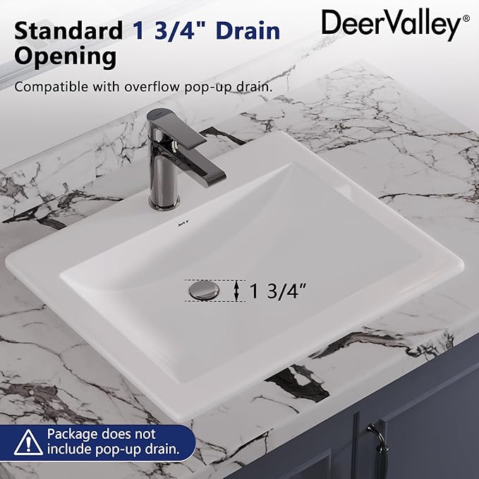 DeerValley Compact Rectangle Drop-In Sink 21x18 Inch, White Ceramic Bathroom Basin with Overflow Guard