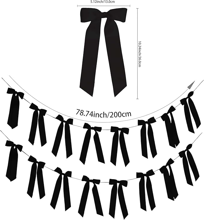 2 Pack Black Bow Garland Banner - 16 Prestrung Satin Black Bows Garland for Bridal Shower Decorations,Bachelorette Party, Birthday Party, Wedding Wall & Holiday Decor Coquette Decor