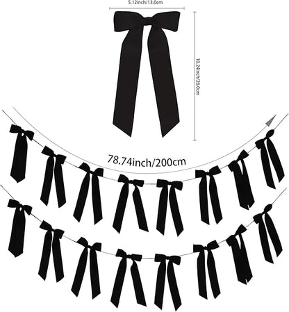 2 Pack Black Bow Garland Banner - 16 Prestrung Satin Black Bows Garland for Bridal Shower Decorations,Bachelorette Party, Birthday Party, Wedding Wall & Holiday Decor Coquette Decor