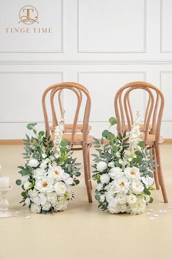 TINGE TIME Free-Standing Artificial Flower Set of 2, Table Centerpiece with Rubber Pad, Silk Fake Flower for Wedding Centerpiece Archway Aisle Welcome Entrance (IvoryWhite)
